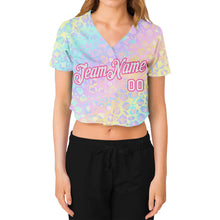 Load image into Gallery viewer, Custom Women's Pink White Leopard 3D V-Neck Cropped Baseball Jersey