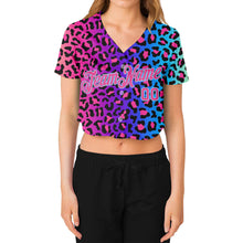 Load image into Gallery viewer, Custom Women's Purple Pink-Light Blue Leopard 3D V-Neck Cropped Baseball Jersey