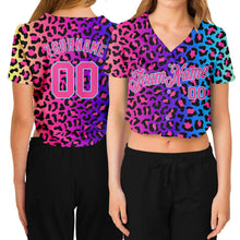 Load image into Gallery viewer, Custom Women's Purple Pink-Light Blue Leopard 3D V-Neck Cropped Baseball Jersey