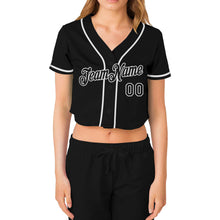 Load image into Gallery viewer, Custom Women's Black Black-White V-Neck Cropped Baseball Jersey
