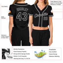 Load image into Gallery viewer, Custom Women's Black Black-White V-Neck Cropped Baseball Jersey