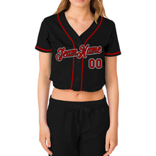 Load image into Gallery viewer, Custom Women's Black Red-White V-Neck Cropped Baseball Jersey