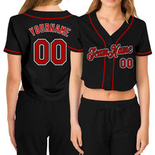 Load image into Gallery viewer, Custom Women's Black Red-White V-Neck Cropped Baseball Jersey