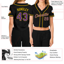 Load image into Gallery viewer, Custom Women's Black Purple-Gold V-Neck Cropped Baseball Jersey