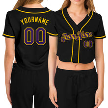 Load image into Gallery viewer, Custom Women's Black Purple-Gold V-Neck Cropped Baseball Jersey