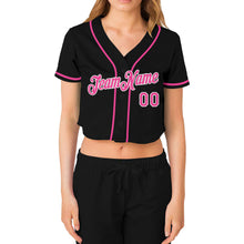 Load image into Gallery viewer, Custom Women's Black Pink-White V-Neck Cropped Baseball Jersey