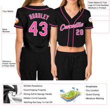 Load image into Gallery viewer, Custom Women's Black Pink-White V-Neck Cropped Baseball Jersey