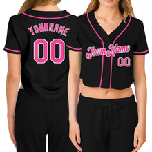 Load image into Gallery viewer, Custom Women's Black Pink-White V-Neck Cropped Baseball Jersey