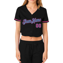 Load image into Gallery viewer, Custom Women's Black Pink-Light Blue V-Neck Cropped Baseball Jersey