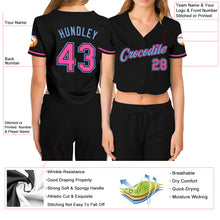Load image into Gallery viewer, Custom Women's Black Pink-Light Blue V-Neck Cropped Baseball Jersey
