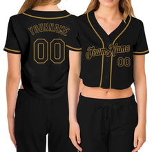 Load image into Gallery viewer, Custom Women's Black Black-Old Gold V-Neck Cropped Baseball Jersey