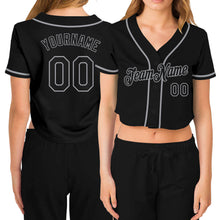 Load image into Gallery viewer, Custom Women's Black Black-Gray V-Neck Cropped Baseball Jersey