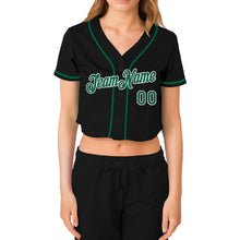 Load image into Gallery viewer, Custom Women's Black Kelly Green-White V-Neck Cropped Baseball Jersey
