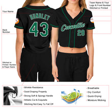 Load image into Gallery viewer, Custom Women's Black Kelly Green-White V-Neck Cropped Baseball Jersey