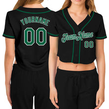 Load image into Gallery viewer, Custom Women's Black Kelly Green-White V-Neck Cropped Baseball Jersey