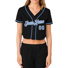 Load image into Gallery viewer, Custom Women's Black Light Blue-White V-Neck Cropped Baseball Jersey