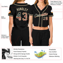 Load image into Gallery viewer, Custom Women's Black Vintage USA Flag-Cream V-Neck Cropped Baseball Jersey