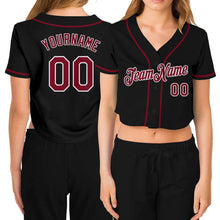 Load image into Gallery viewer, Custom Women's Black Crimson-White V-Neck Cropped Baseball Jersey
