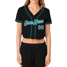 Load image into Gallery viewer, Custom Women's Black Aqua-White V-Neck Cropped Baseball Jersey