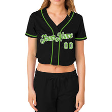 Load image into Gallery viewer, Custom Women's Black Neon Green-White V-Neck Cropped Baseball Jersey