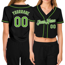 Load image into Gallery viewer, Custom Women's Black Neon Green-White V-Neck Cropped Baseball Jersey