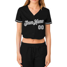 Load image into Gallery viewer, Custom Women's Black White-Gray V-Neck Cropped Baseball Jersey