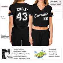 Load image into Gallery viewer, Custom Women's Black White-Gray V-Neck Cropped Baseball Jersey