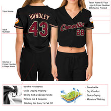 Load image into Gallery viewer, Custom Women's Black Crimson-City Cream V-Neck Cropped Baseball Jersey