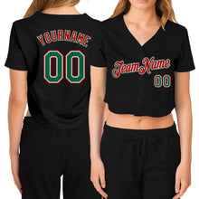 Load image into Gallery viewer, Custom Women's Black Kelly Green Red-White V-Neck Cropped Baseball Jersey