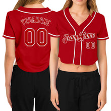 Load image into Gallery viewer, Custom Women's Red Red-White V-Neck Cropped Baseball Jersey