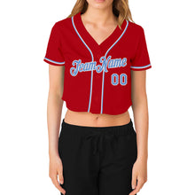 Load image into Gallery viewer, Custom Women's Red Light Blue-White V-Neck Cropped Baseball Jersey