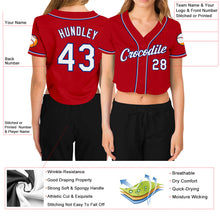 Load image into Gallery viewer, Custom Women's Red White-Royal V-Neck Cropped Baseball Jersey