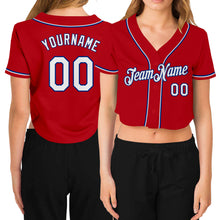 Load image into Gallery viewer, Custom Women's Red White-Royal V-Neck Cropped Baseball Jersey