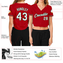 Load image into Gallery viewer, Custom Women's Red White-Kelly Green V-Neck Cropped Baseball Jersey