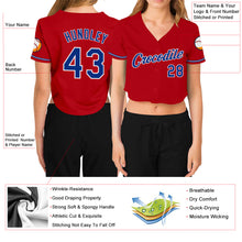 Load image into Gallery viewer, Custom Women's Red Royal-White V-Neck Cropped Baseball Jersey