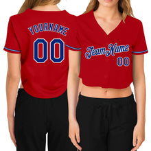 Load image into Gallery viewer, Custom Women's Red Royal-White V-Neck Cropped Baseball Jersey