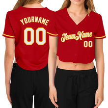 Load image into Gallery viewer, Custom Women's Red White-Gold V-Neck Cropped Baseball Jersey