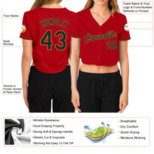 Load image into Gallery viewer, Custom Women's Red Black-Old Gold V-Neck Cropped Baseball Jersey