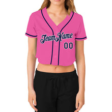 Load image into Gallery viewer, Custom Women's Pink Navy-White V-Neck Cropped Baseball Jersey