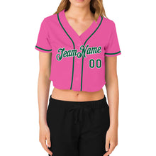 Load image into Gallery viewer, Custom Women's Pink Kelly Green-White V-Neck Cropped Baseball Jersey