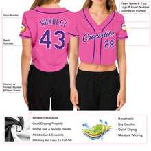 Load image into Gallery viewer, Custom Women's Pink Purple-White V-Neck Cropped Baseball Jersey