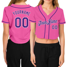 Load image into Gallery viewer, Custom Women's Pink Purple-White V-Neck Cropped Baseball Jersey