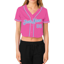 Load image into Gallery viewer, Custom Women's Pink Light Blue-White V-Neck Cropped Baseball Jersey