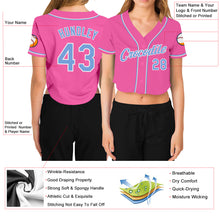 Load image into Gallery viewer, Custom Women's Pink Light Blue-White V-Neck Cropped Baseball Jersey