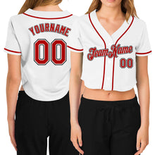Load image into Gallery viewer, Custom Women's White Red-Black V-Neck Cropped Baseball Jersey
