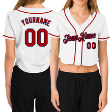 Load image into Gallery viewer, Custom Women's White Red-Navy V-Neck Cropped Baseball Jersey