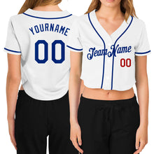 Load image into Gallery viewer, Custom Women's White Royal-Red V-Neck Cropped Baseball Jersey