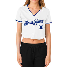 Load image into Gallery viewer, Custom Women's White Royal V-Neck Cropped Baseball Jersey