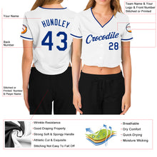 Load image into Gallery viewer, Custom Women's White Royal V-Neck Cropped Baseball Jersey