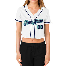 Load image into Gallery viewer, Custom Women's White Navy Gray-Aqua V-Neck Cropped Baseball Jersey